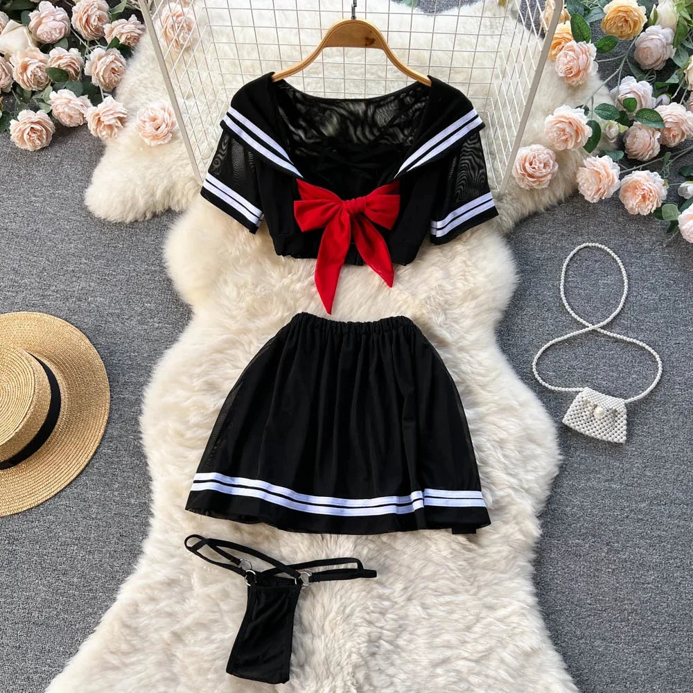 New Sailor Japanese Style Sweet Erotict Suits Female Short Sleeve Bow TieTops+Pleated Mini Skirt Lingerie Women Sheer Sexy Sets